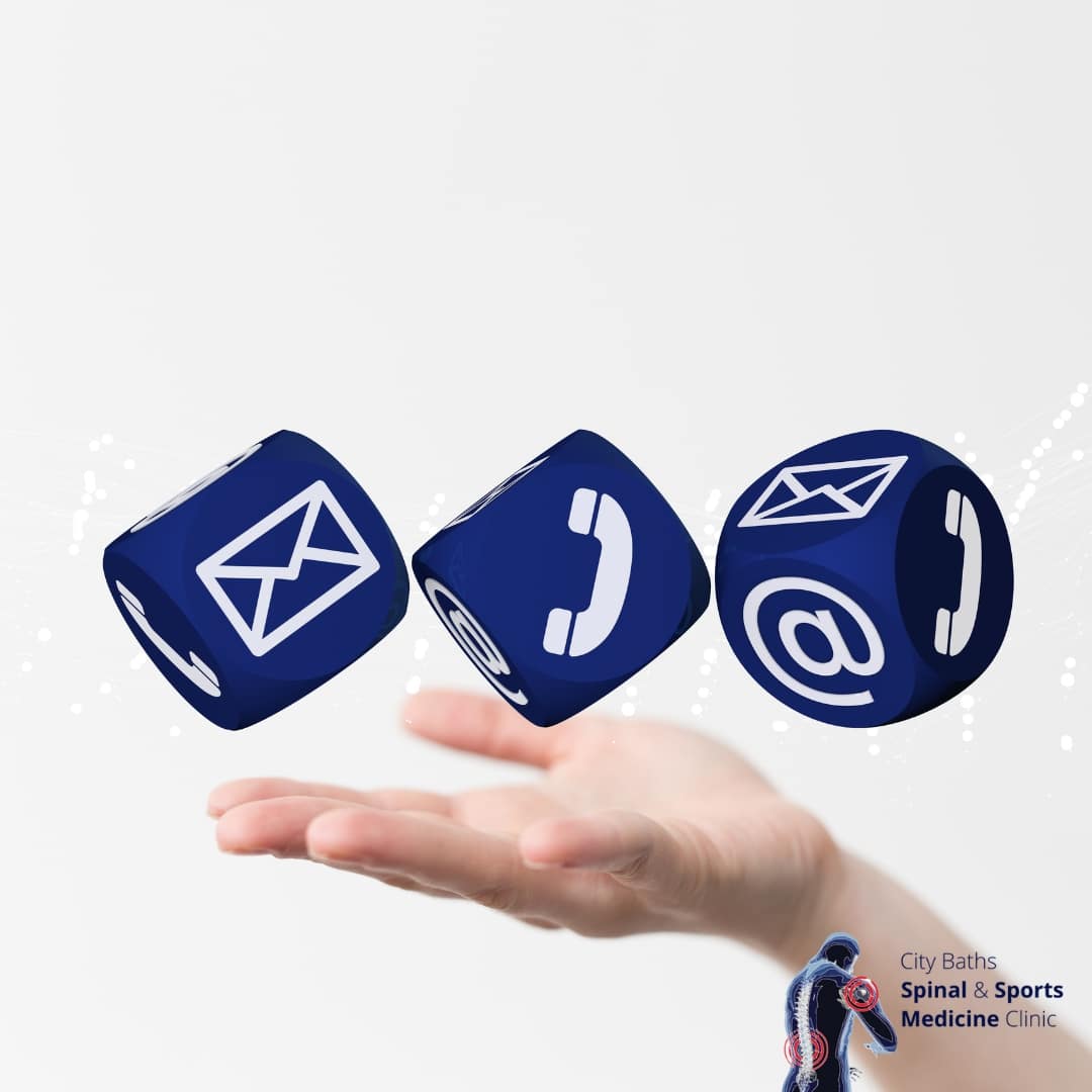 A disembodied hand holding three hovering cubes with different symbols. An envelope indicating email, a phone and an @ indicating social media.