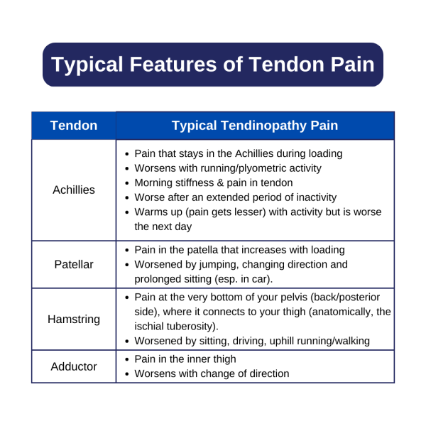 Table listing typical features various tendinopathies. Achillies tendinopathy: Pain that stays in the Achillies during loading Worsens with running/plyometric activity Morning stiffness & pain in tendon Worse after an extended period of inactivity Warms up (pain gets lesser) with activity but is worse the next day. Patellar tendinopathy: Pain in the patella that increases with loading Worsened by jumping, changing direction and prolonged sitting (esp. in car). Hamstring tendinopathy: Pain at the very bottom of your pelvis (back/posterior side), where it connects to your thigh (anatomically, the ischial tuberosity). Worsened by sitting, driving, uphill running/walking Adductor tendinopathy Pain in the inner thigh Worsens with change of direction